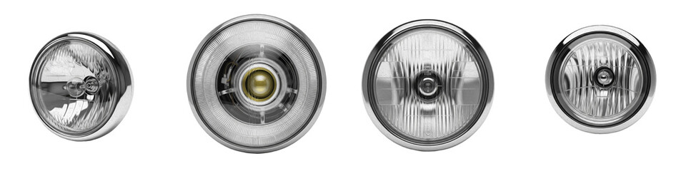 Round Car Headlight Collection, Circular Automotive Front Lamp Set, Chrome Projector Headlamp Assemblies, Retro Vehicle Lighting Parts, High Beam LED Lights, PNG © Thonda