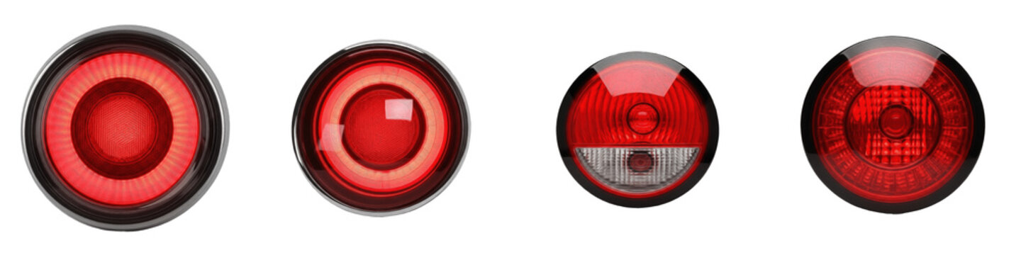 Round LED Car Tail Light Collection, Circular Rear Brake Lamp Set, Automotive Signal Lighting, Universal Trailer Lights, Red Lens Illumination, Isolated PNG