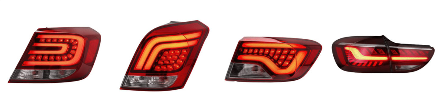 Modern LED Car Tail Lights Collection, Automotive Rear Brake Lamp Set, Red Signal Lighting Assemblies, Vehicle Illumination Parts, Luxury Auto Replacement, Isolated PNG