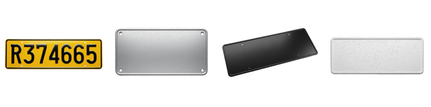 Blank Vehicle License Plate Collection, Car Registration Tags Set, Metal Automotive Identification Plates, Yellow Silver Black White License Frames, Isolated PNG