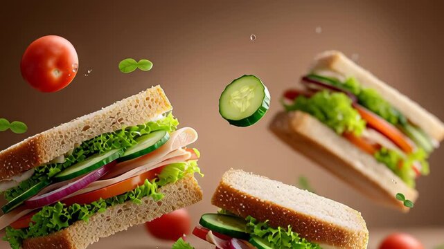 Freshly prepared sandwiches with layers of vegetables, meats, and sauces float in mid-air, accompanied by sliced cucumbers and tomatoes against a neutral background