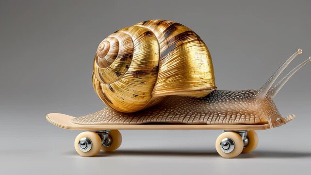 Snail with a golden shell gliding on a skateboard, showcasing a unique blend of nature and urban culture in a minimalist studio setting
