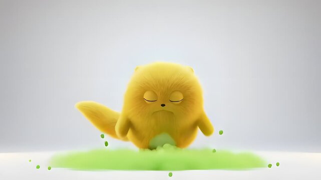 A yellow furry creature with a tail looks unwell and vomits a stream of green liquid onto the floor