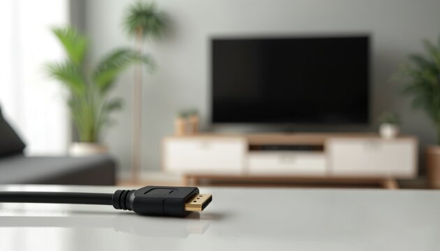 Black HDMI cable connector rests on white surface before blurred television screen in modern living room setup. Digital audio video connection for home entertainment.
