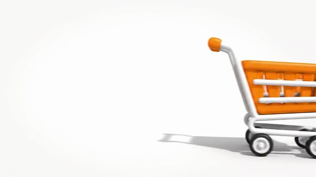 3D orange shopping cart rolling and stopping on white background
