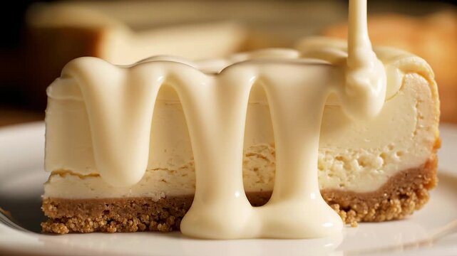 Pouring sweet white chocolate cream sauce over a delicious slice of classic cheesecake