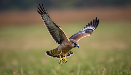 Fototapeta premium Bird of prey with wings spread in flight over grassy field. Raptor with sharp talons descends, hunting for small animals, showing natural wildlife grace.