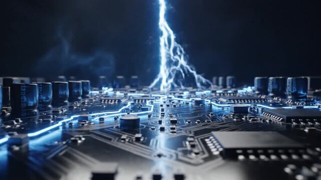 A high-voltage electrical discharge illuminates a complex circuit board with glowing blue components and intricate wiring from a close-up viewpoint