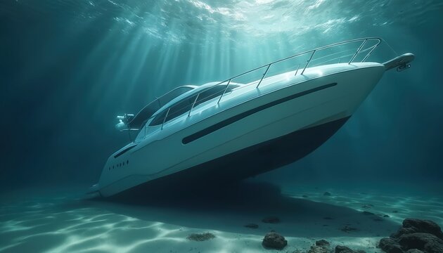 White yacht sinks underwater on sandy seabed. Sun rays pierce deep blue ocean water illuminating submerged luxury vessel resting on ocean floor. Nautical disaster scene.