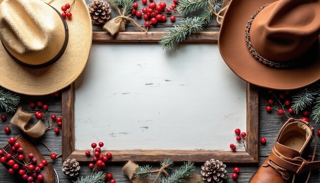 Holiday frame with western elements like cowboy hats and boots. Red berries, pine cones, and burlap accents. Empty center for text on rustic wood background. Festive seasonal greeting.