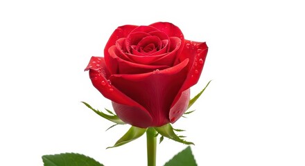 Naklejka premium A stunning single red rose blossom standing upright, perfectly isolated against a brilliant white background, symbolizing deep love and passion, deep, garden, isolated on white