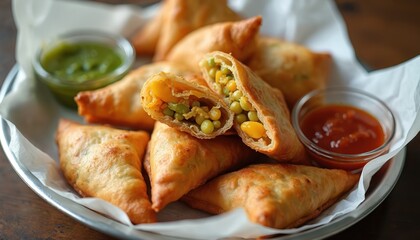Crispy fried samosas with corn and peas filling served with mint and tomato chutneys. Savory triangular pastry snacks are arranged on platter, ready to eat. Delicious Indian street food.