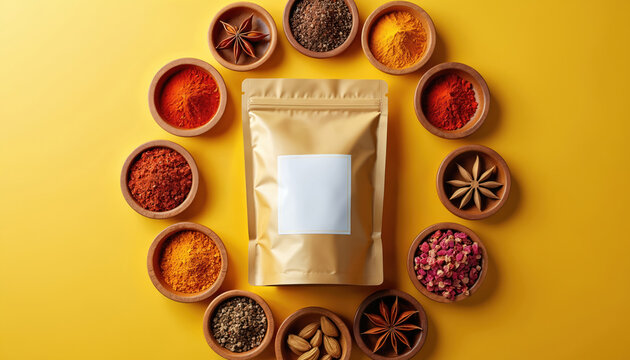 Golden pouch with assorted whole and ground spices in wooden bowls. Offers culinary ingredients for cooking. Natural aromatic seasonings arranged on yellow surface. Gourmet food prep concept.
