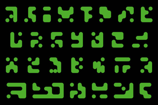 Alien Hieroglyphs Sci-Fi Alphabet. Computer generated Green vector set for Gaming HUD, Matrix technology, Hacker concept. Futuristic unreadable symbols for UI/UX, tech logos, digital encryption.