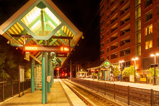 Platform of Hoboken train station at night, New Jersey, USA