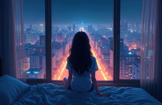 Woman sits on bed, looks at city lights at night. She has many thoughts, cant sleep in bedroom. Urban skyline outside window. Blue, orange colors.