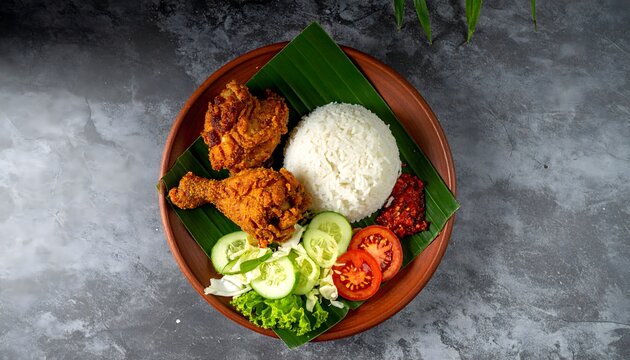 Authentic Indonesian Nasi Ayam Penyet, a flavorful meal with crispy fried chicken, fluffy white rice, spicy sambal, and fresh vegetables, artfully served on a banana leaf