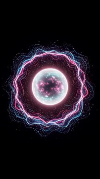 Digital orb with glowing particle flow. Abstract data visualization. Technology background with neon light movement and cosmic elements. Vertical video