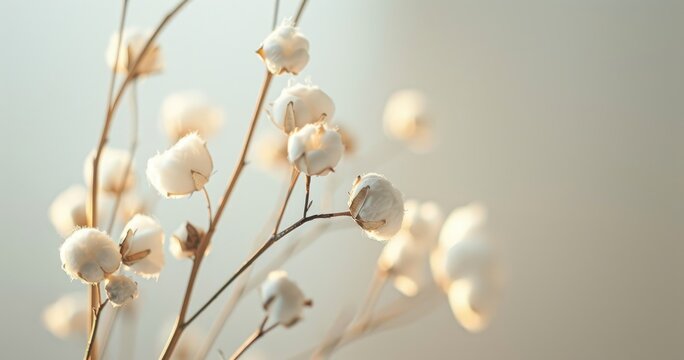 Delicate cotton blooms on slender stems, softly illuminated for a serene aesthetic.