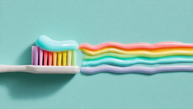 Rainbow Toothbrush with Rainbow Paste on Turquoise Background

