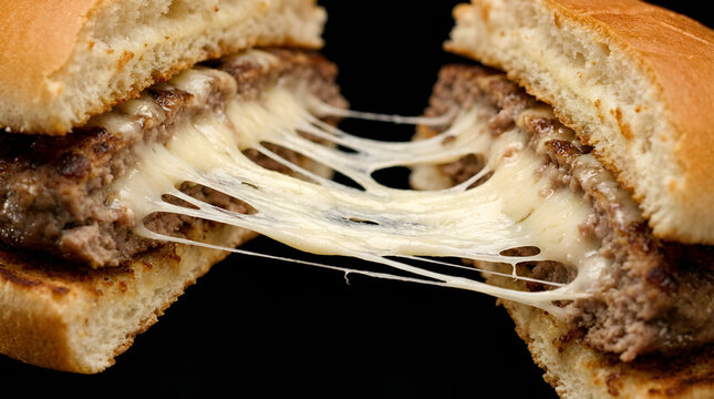 Macro shot of extreme cheese pull from a cheeseburger, mozzarella stretching slowly
