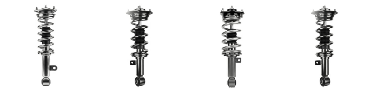 Automotive Strut and Shock Absorber Collection, Vehicle Suspension Coil Spring Assembly Set, Performance MacPherson Strut Damping Hardware, Isolated PNG