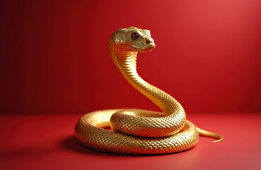 Fototapeta premium Golden snake coiled on vibrant red surface. A symbol of Chinese New Year and zodiac, it exudes elegance and good fortune. Perfect for festive holiday designs.