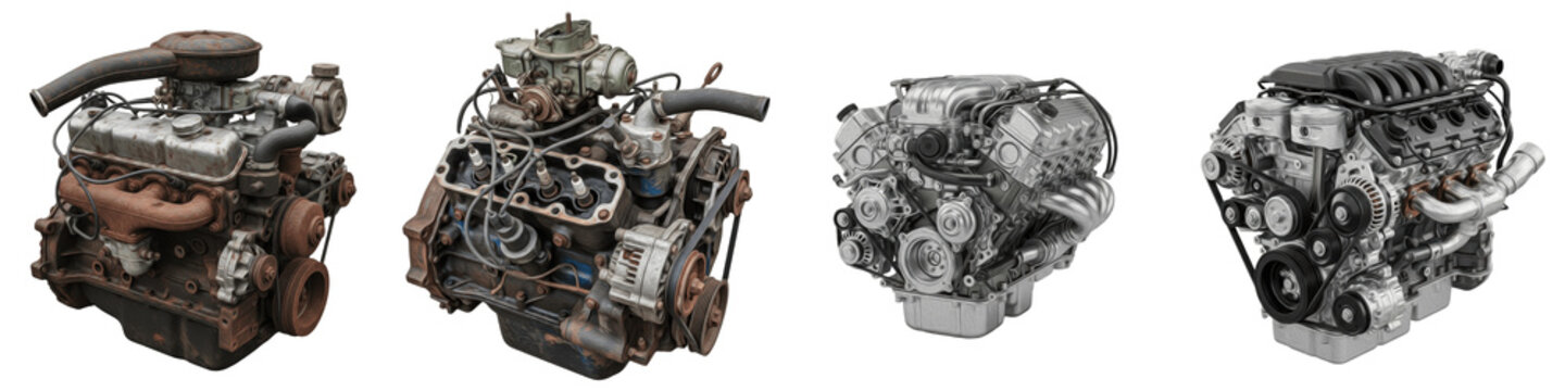 Complete Automotive Engine Assembly Collection, V8 and Inline Internal Combustion Motor Set, High-Performance Vehicle Powerplant Hardware, Isolated PNG