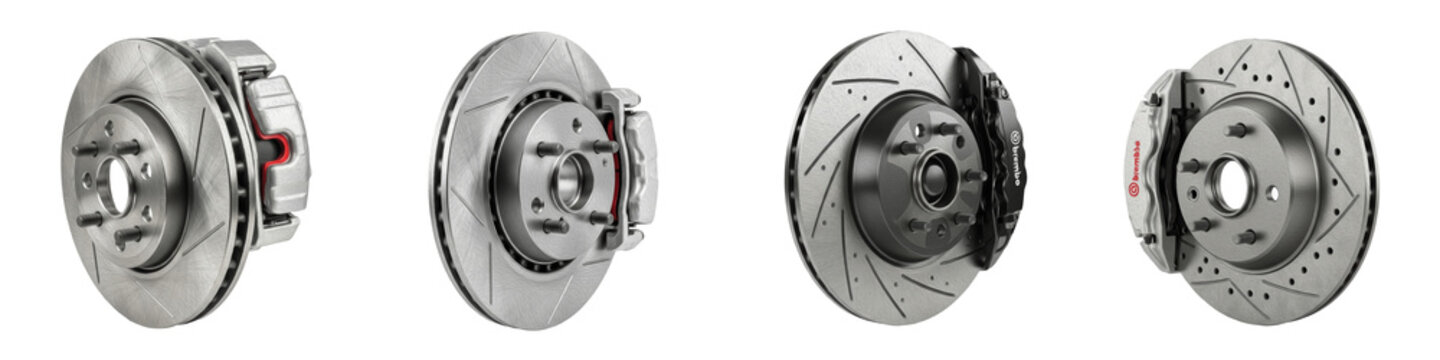 Automotive Performance Brake Disc Collection, Slotted and Drilled Rotor Set, Sports Car Ventilated Disc Brakes with Calipers, Racing Brake Hardware, Isolated PNG