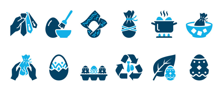 Set of blue two-tone icons illustrating the step-by-step process of dyeing Easter eggs using silk ties, a creative and eco-friendly DIY holiday craft