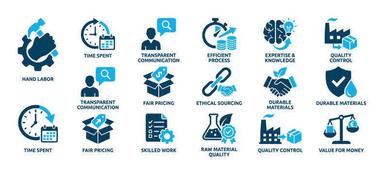 Set of blue business and manufacturing icons representing concepts of quality control, ethical sourcing, fair pricing, and skilled labor for infographics and presentations