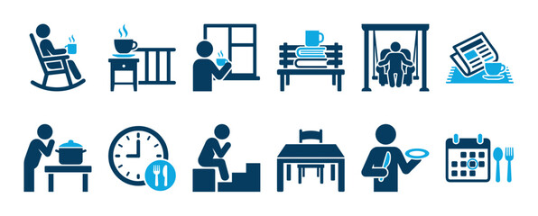 Set of blue daily routine icons representing home life, relaxation, and mealtime activities like cooking, eating, reading, and resting in a minimalist pictogram style