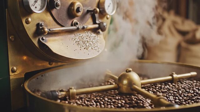 Coffee beans being roasted in a large industrial roaster with steam rising from the drum