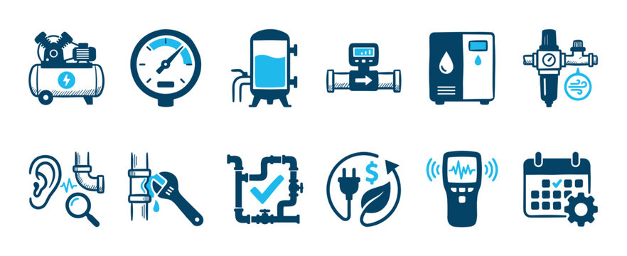 Compressed air system and plumbing maintenance icons collection showing a compressor, gauge, leak detection, repair tools, and energy efficiency symbols in a hand-drawn sketch style