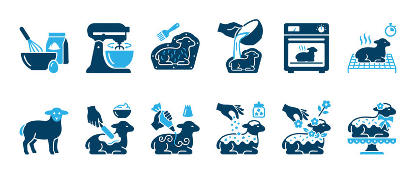 Set of blue two-tone icons showing the step-by-step process of baking and decorating a traditional lamb-shaped cake for a holiday, from mixing ingredients to final presentation