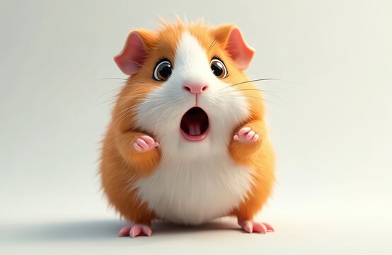Surprised orange and white guinea pig stands upright with mouth open wide, big eyes showing shock. Small furry rodent looks excited or scared, its paws raised slightly in a cute pose.