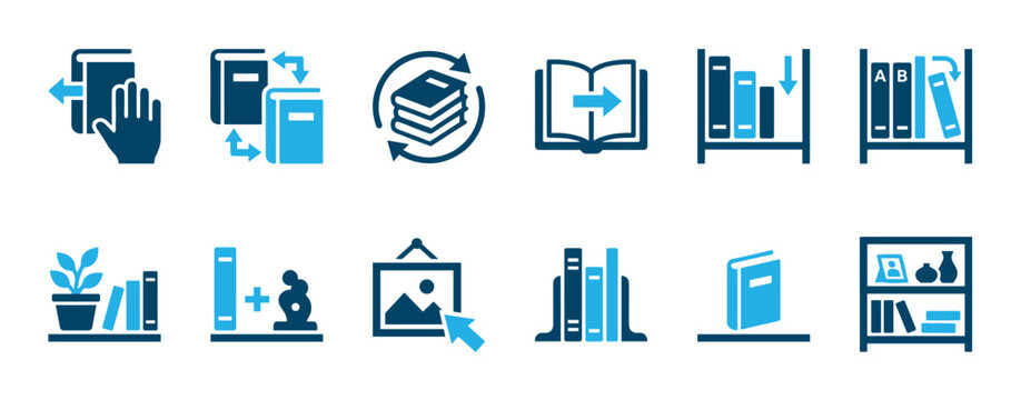 Collection of blue library and book icons for education, showing bookshelves, reading, and knowledge symbols in a minimalist flat vector style for web or app interface design