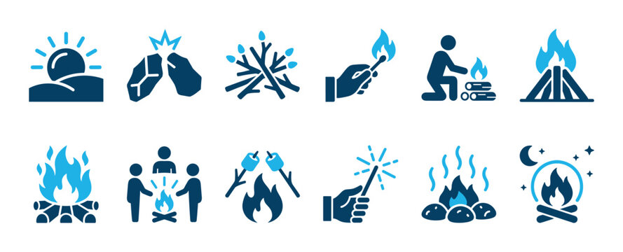 Set of blue and black campfire icons showing survival and camping activities like making fire, roasting marshmallows, and gathering wood in a minimalist glyph style
