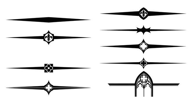 Elegant set of antique decorative text dividers, various ornate design elements on isolated white background, for vintage document embellishment.