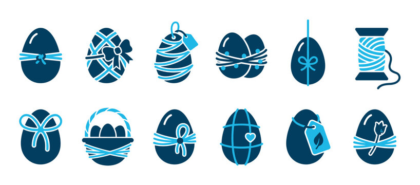Collection of blue Easter egg icons decorated with ribbons, bows, and tags, including a basket and thread spool, in a flat graphic style for holiday celebration