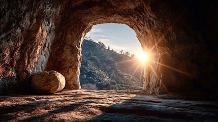 Empty tomb stone rolled away at sunrise