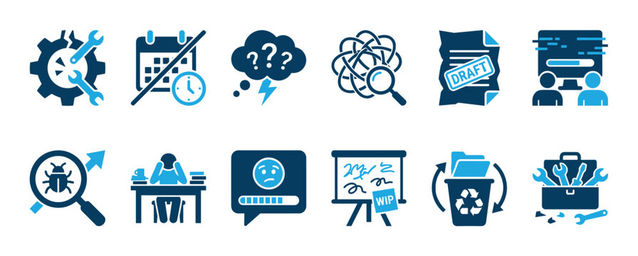 Set of blue business process icons representing project management challenges like missed deadlines, work stress, debugging, and complex problem-solving