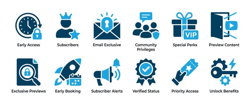 Blue vector icon set illustrating subscriber benefits and exclusive perks for loyalty programs, featuring minimalist symbols for early access, VIP status, and community privileges