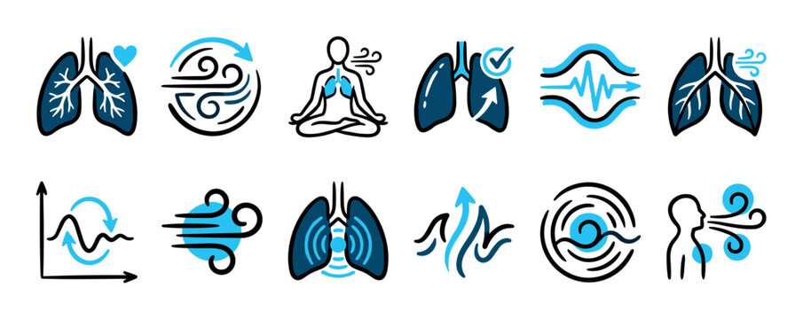 Breathing and respiratory system icon set collection in a minimalist doodle style, illustrating concepts of lung health, air quality, breathwork, and meditation with blue accents