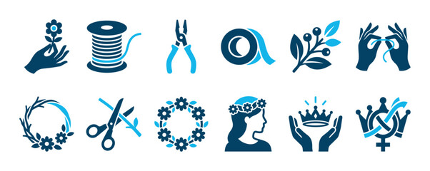 Fototapeta premium Collection of blue two-tone icons representing floristry and wreath making with symbols for crafting, including a flower crown, scissors, wire, tape, and hands creating a chaplet