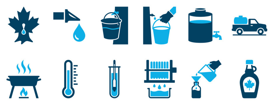 Maple syrup production infographic icon set showing the process from tapping a tree and collecting sap to boiling, filtering, and bottling the sweet liquid in a flat, two-color design