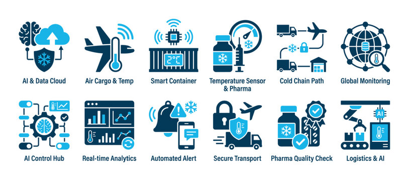 Cold chain logistics and pharmaceutical transport icon set with symbols for temperature control, smart containers, AI monitoring, secure delivery, and global tracking