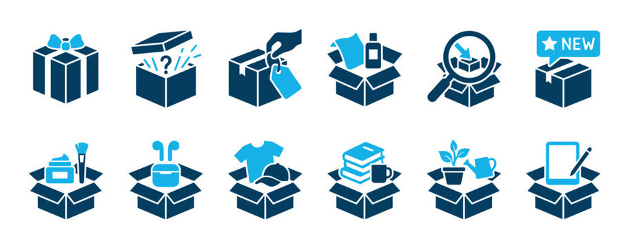 Blue and dark blue subscription box icon set illustrating unboxing, mystery gifts, new product delivery, and various themed packages for e-commerce in a simple glyph style