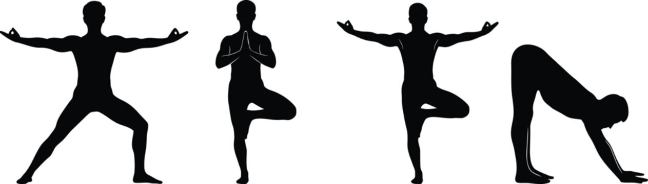 Four yoga poses in silhouette against a white background