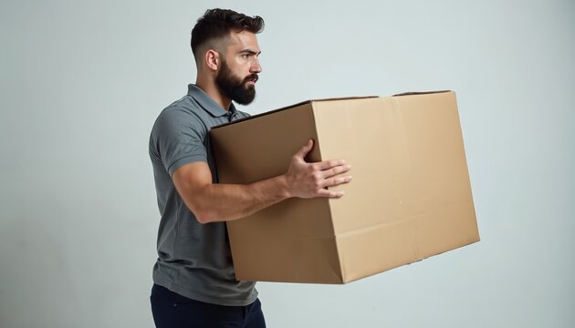 Muscular man carries big cardboard box with both hands. He uses proper lifting posture to avoid back strain. Man moves heavy package with care.